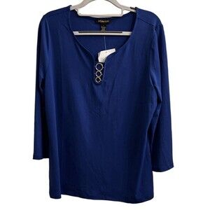 By Design Aurora Top Blue 3/4 Sleeve Gold Ring Detail Knit Stretch L NWT